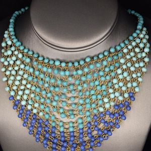 Cleopatra Style Glass Beads Blue Ombre Bib Layered Gold/Brass‎ Tone Necklace